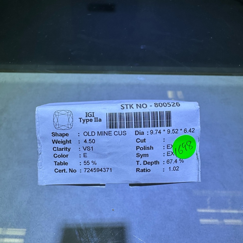 IGI Certified 4.50 E VS1 Old Mine Cut Diamond